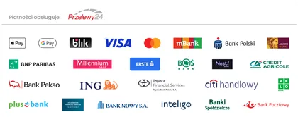 Płatności obsługuje Przelewy24: Apple Pay, Google Pay, BLIK, karty Visa i Mastercard oraz przelewy z banków, m.in. mBank, PKO Bank Polski, Pekao, ING, Millennium, Alior i banki spółdzielcze.