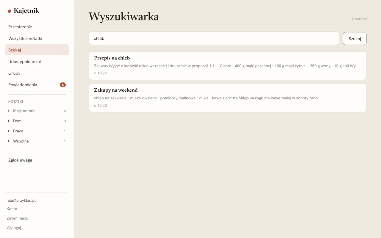 Wyszukiwarka: hasło „chleb” i dwa wyniki z fragmentem treści notatki.